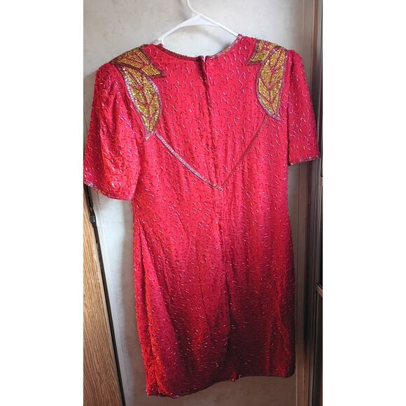 Vntg silk beaded red gold india dress eve’s allure 80s 90s glam holiday xl ml - Picture 6 of 15